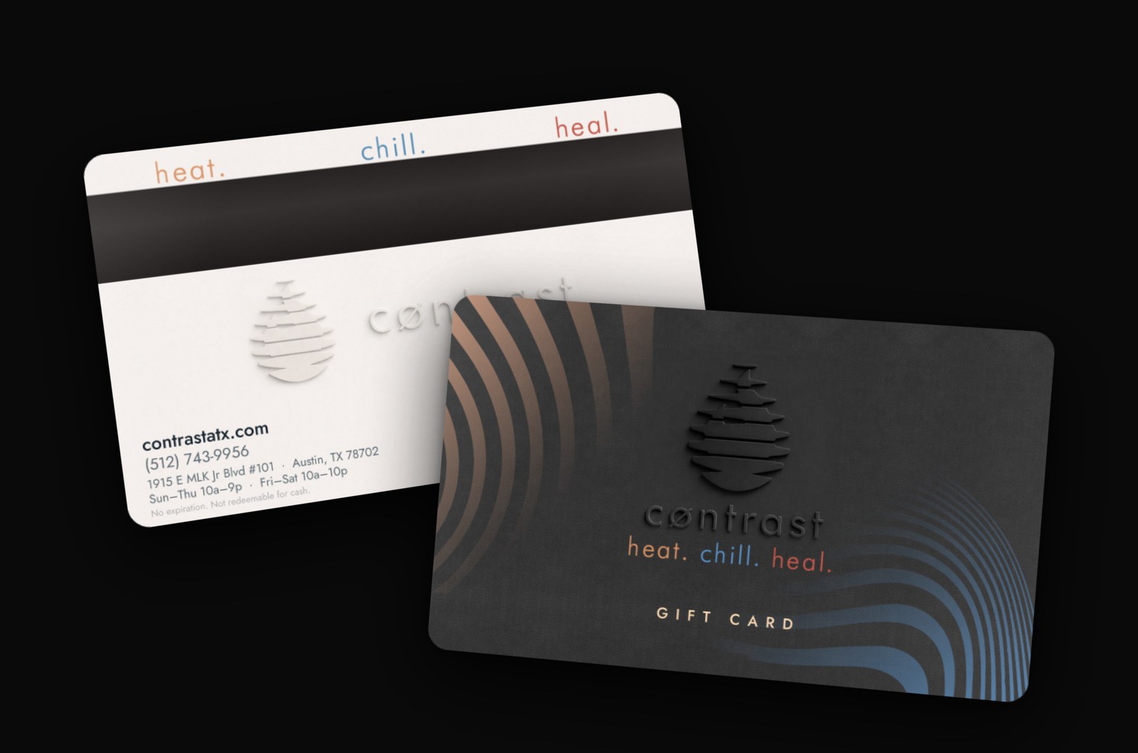 C&oslash;ntrast gift cards, front and back